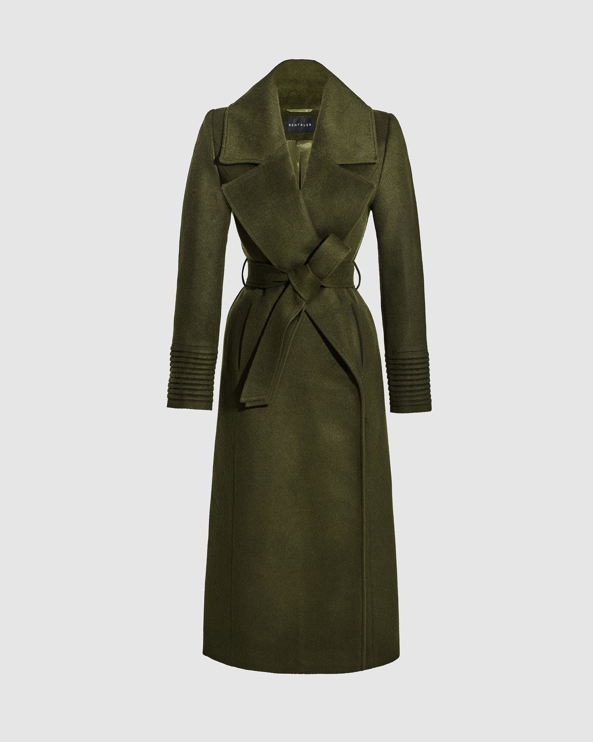 Sentaler long olive green wrap coat made of baby alpaca wool with a large notched collar, belted.