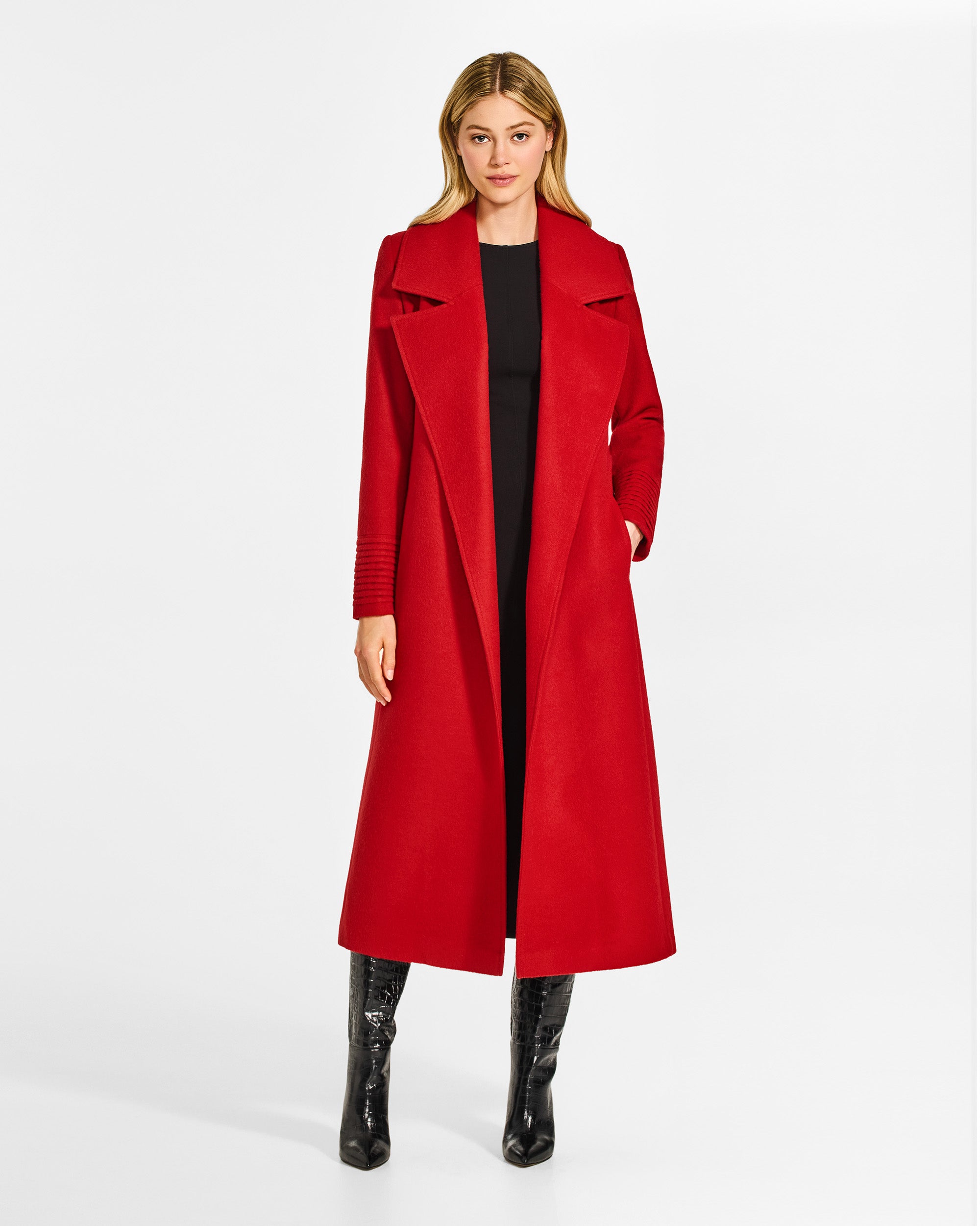 Alpaca Long Large Notched Wrap Scarlet Red Coat | SENTALER