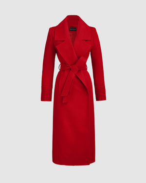 Sentaler long scarlet red wrap coat made of baby alpaca wool with a large notched collar, belted. 