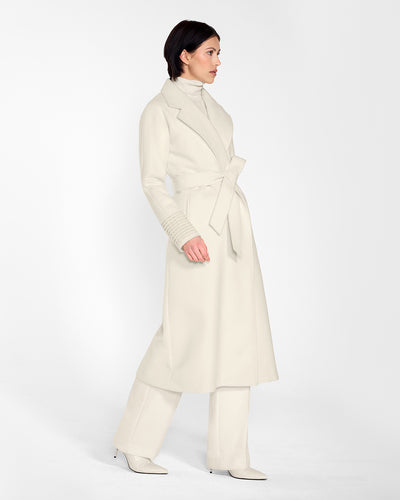 Sentaler Long Notched Collar Raglan Sleeve Wrap Ivory Coat in Baby Alpaca wool. Seen from side belted on female model.