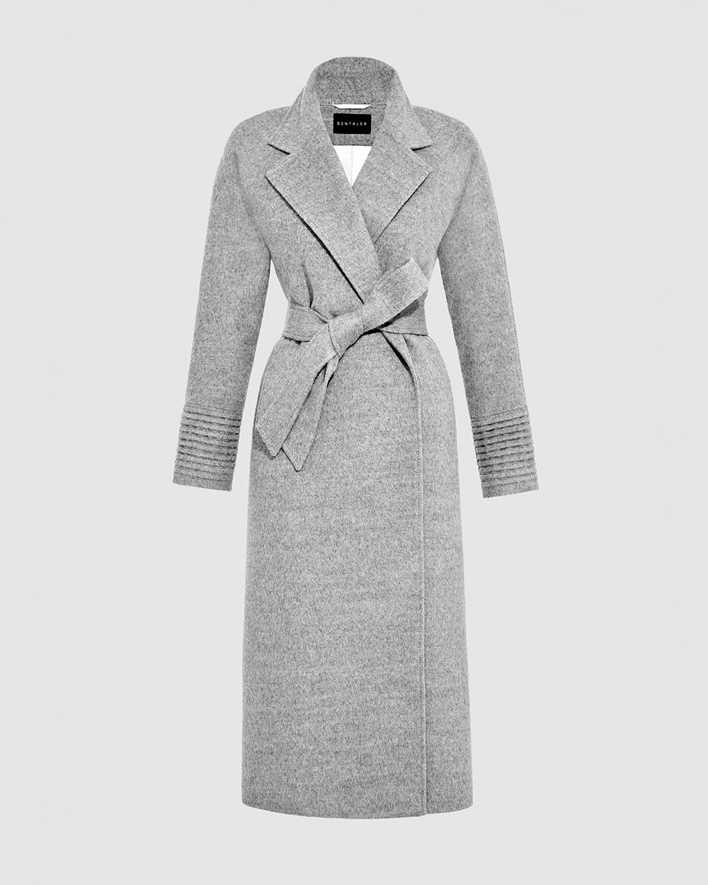 Sentaler Notched Collar Raglan Sleeve Wrap Shale Grey Coat in Baby Alpaca wool. Seen as belted off figure.