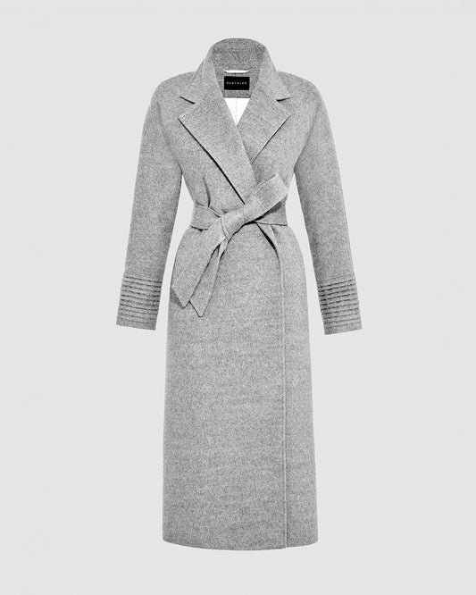 Sentaler Notched Collar Raglan Sleeve Wrap Shale Grey Coat in Baby Alpaca wool. Seen as belted off figure.