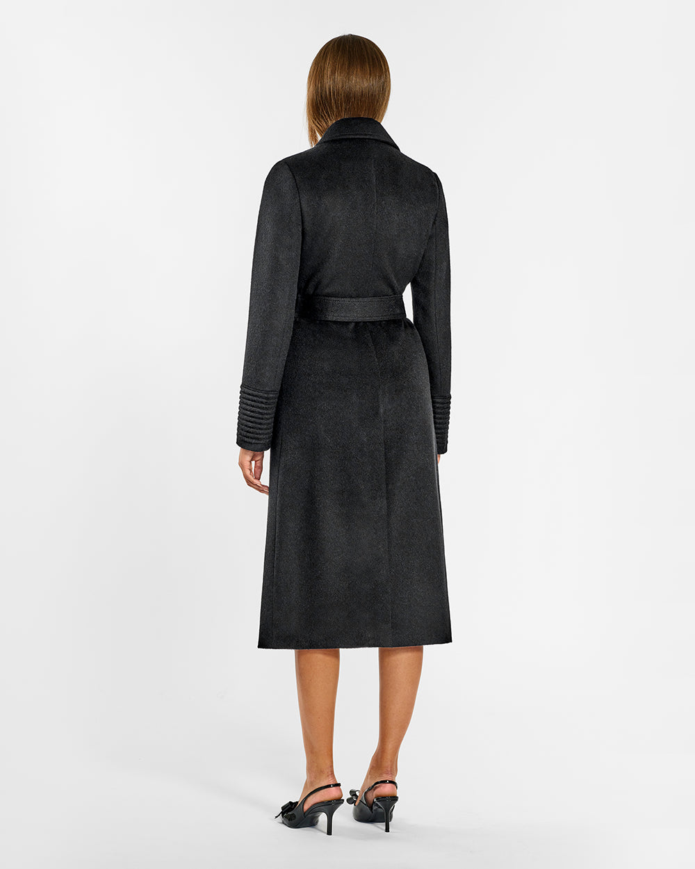 Sentaler Long Notched Collar Wrap Black Coat in Baby Alpaca wool. Seen from back belted on female model.