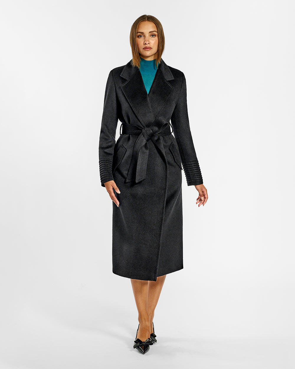 Sentaler Long Notched Collar Wrap Black Coat in Baby Alpaca wool. Seen from front belted on female model.