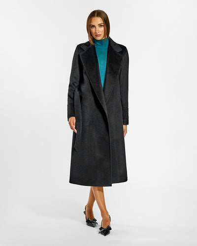 Sentaler Long Notched Collar Wrap Black Coat in Baby Alpaca wool. Seen from front open on female model.