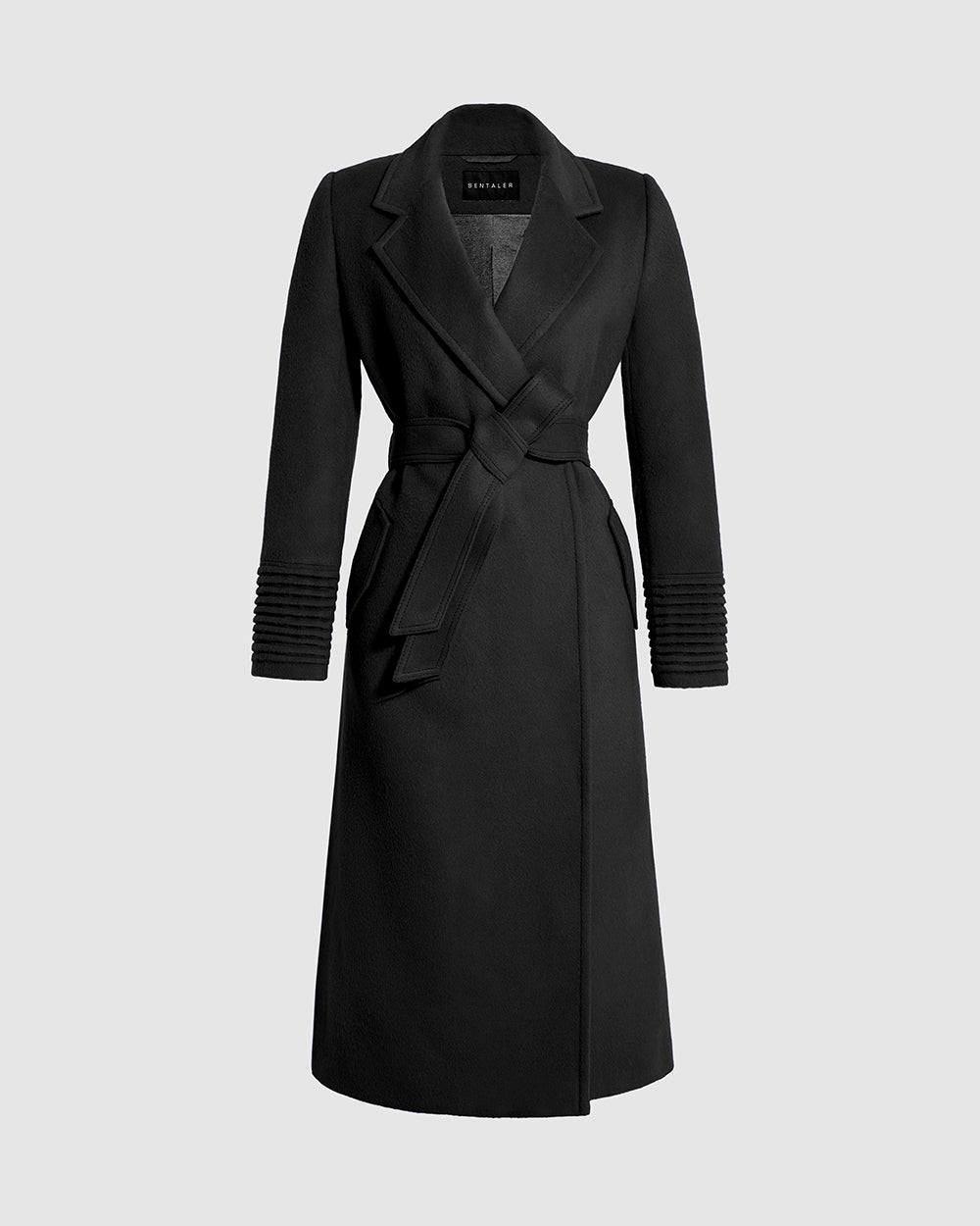 Sentaler Long Notched Collar Wrap Black Coat in Baby Alpaca wool. Seen as belted off figure.