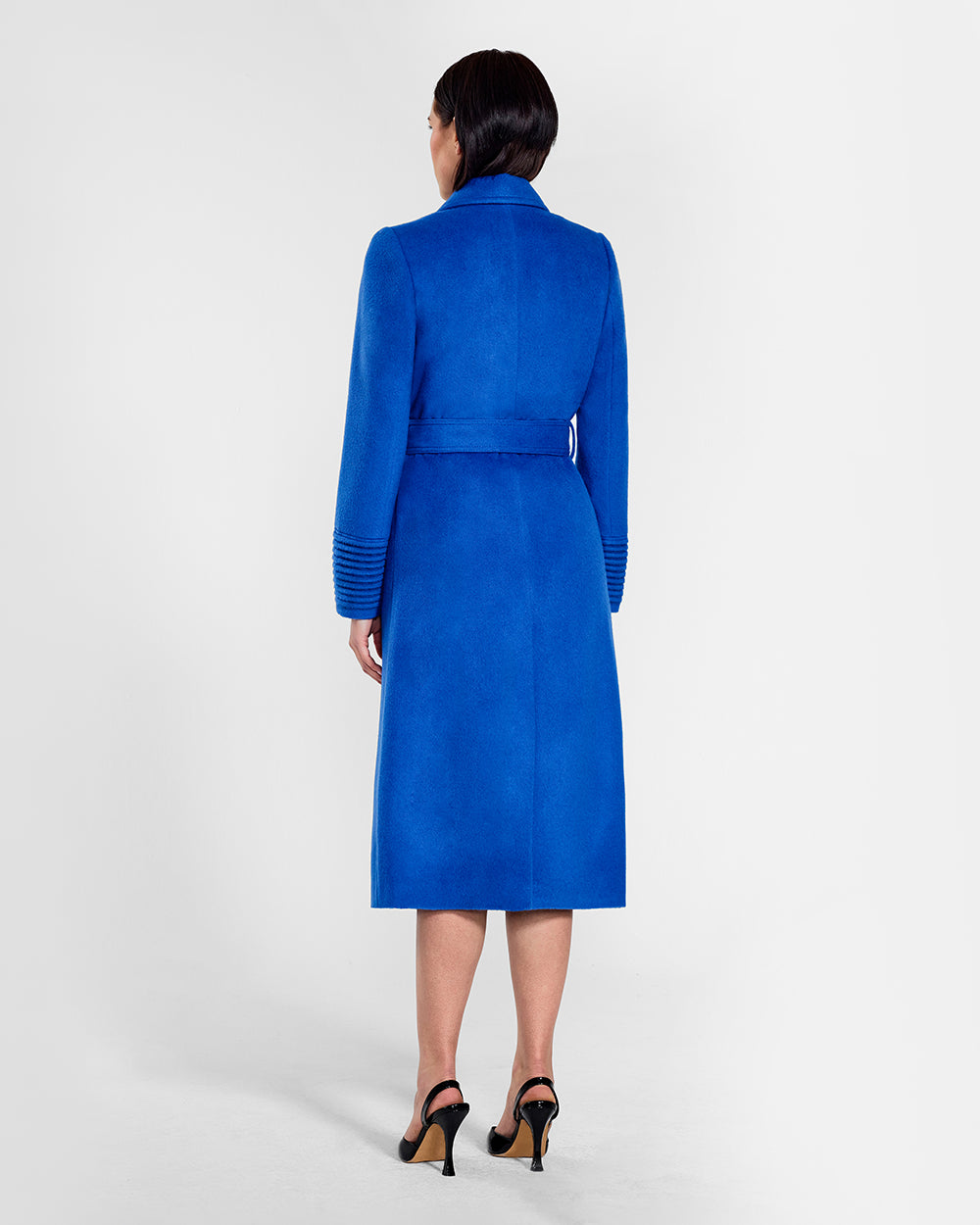 Sentaler Long Notched Collar Wrap Cobalt Blue Coat in Baby Alpaca wool. Seen from back belted on female model.