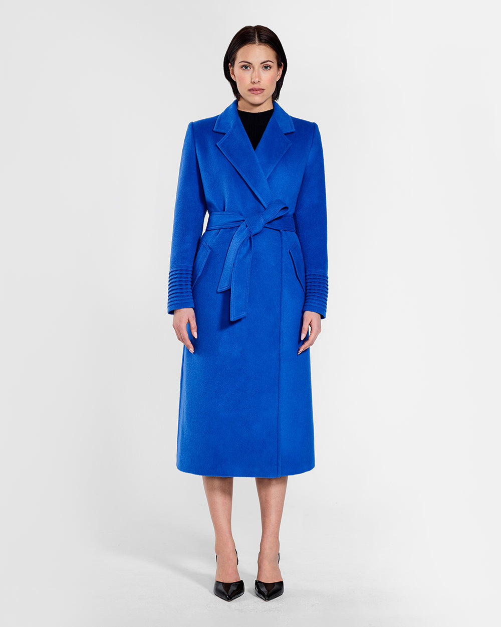 Sentaler Long Notched Collar Wrap Cobalt Blue Coat in Baby Alpaca wool. Seen from front belted on female model.