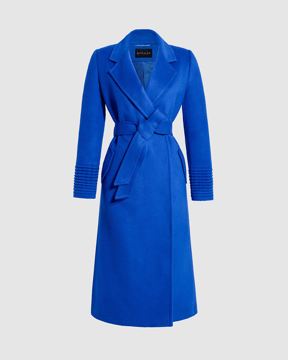 Sentaler Long Notched Collar Wrap Cobalt Blue Coat in Baby Alpaca wool. Seen as belted off figure.