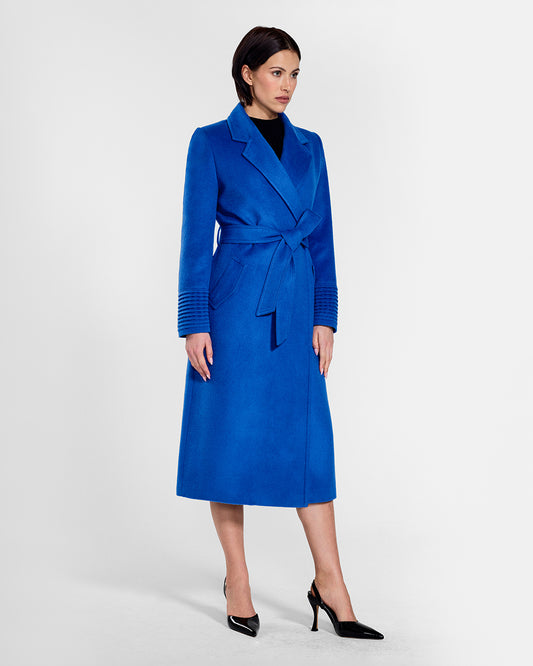 Sentaler Long Notched Collar Wrap Cobalt Blue Coat in Baby Alpaca wool. Seen from side belted on female model.