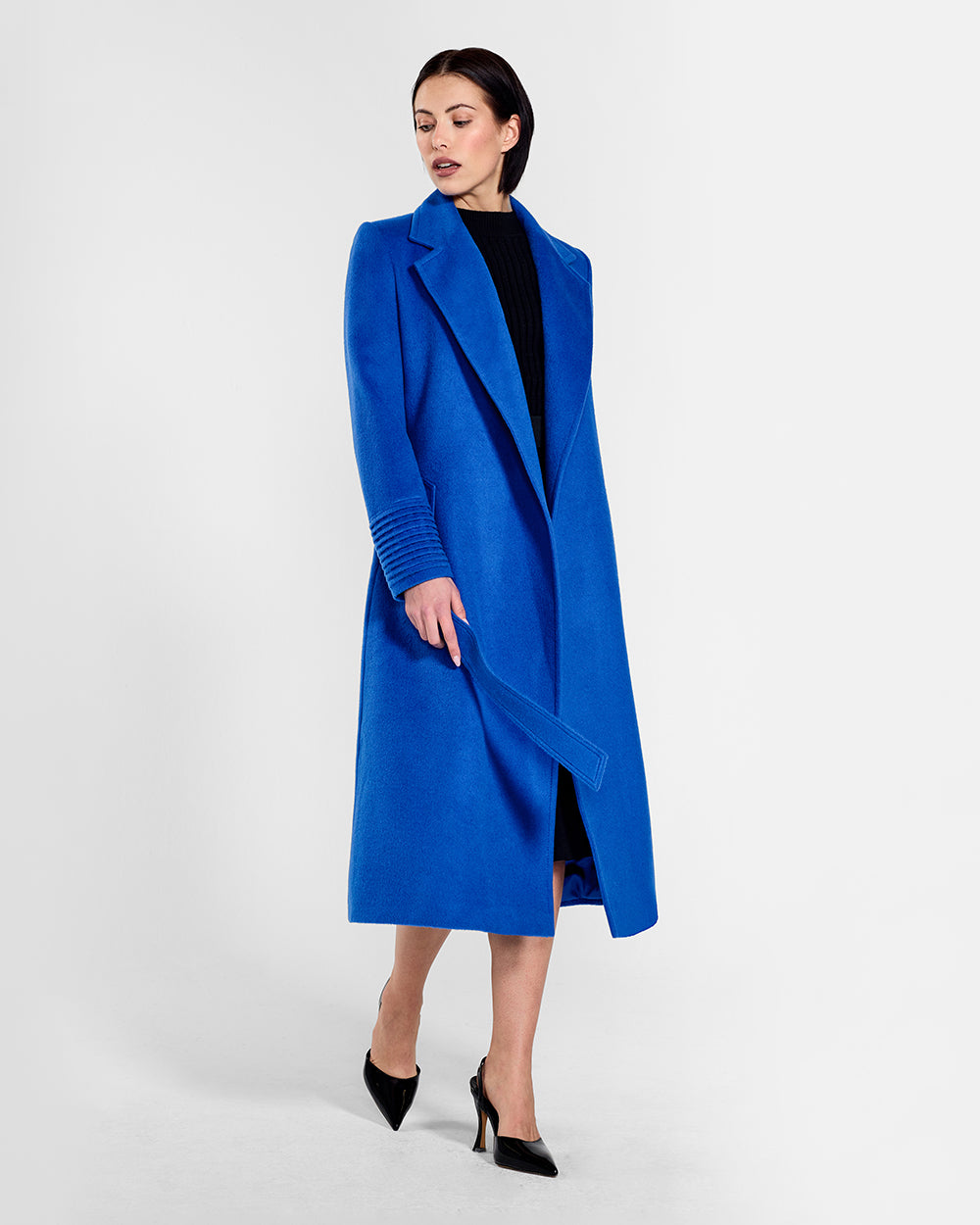 Sentaler Long Notched Collar Wrap Cobalt Blue Coat in Baby Alpaca wool. Seen from side open on female model.