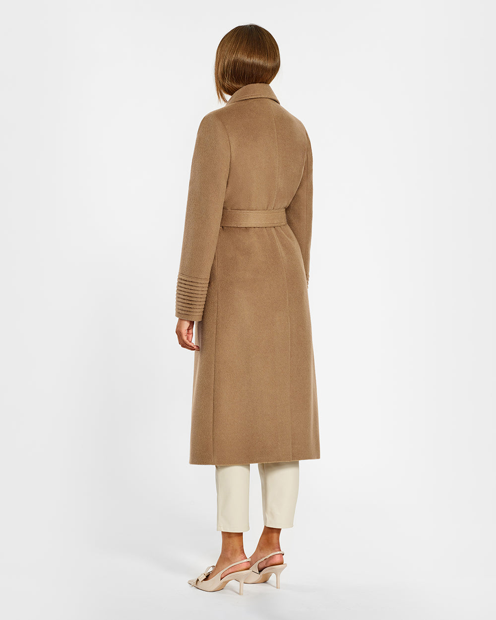 Sentaler Long Notched Collar Wrap Dark Camel Coat in Baby Alpaca wool. Seen from back belted on female model.