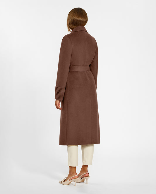 Sentaler Long Notched Collar Wrap Sepia Coat in Baby Alpaca wool. Seen from back belted on female model.