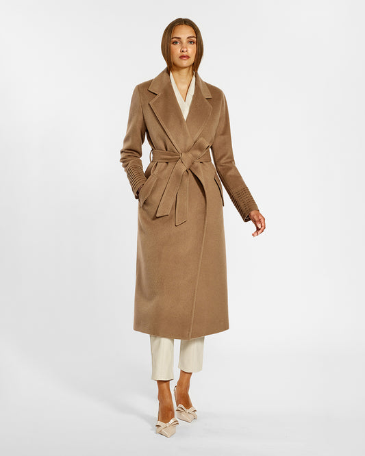 Sentaler Long Notched Collar Wrap Dark Camel Coat in Baby Alpaca wool. Seen from front belted on female model.