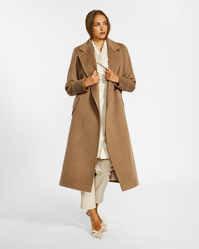 Sentaler Long Notched Collar Wrap Dark Camel Coat in Baby Alpaca wool. Seen from front open on female model.