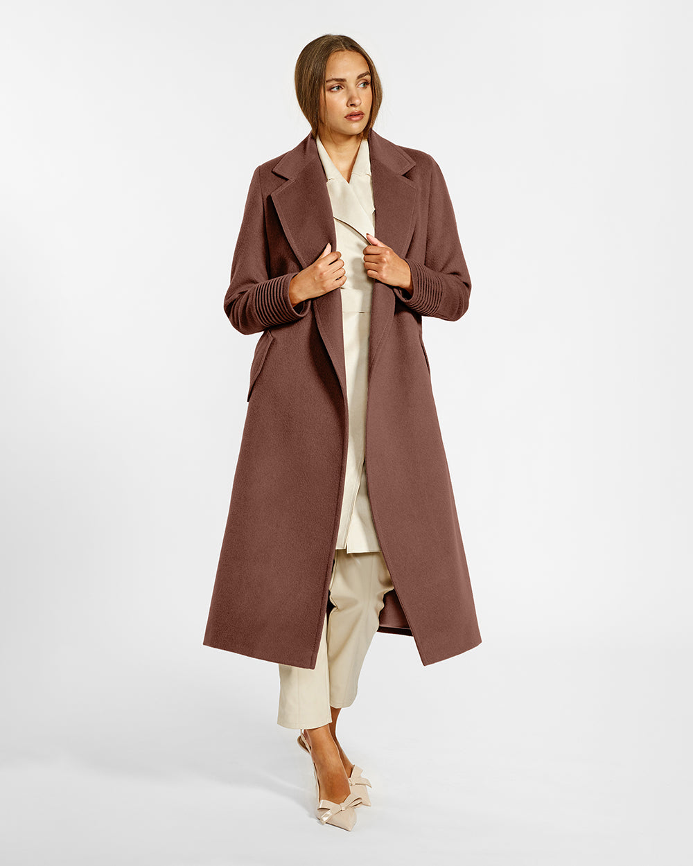 Long Notched Collar Wrap Sepia Coat | SENTALER