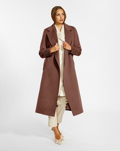 Sentaler Long Notched Collar Wrap Sepia Coat in Baby Alpaca wool. Seen from front open on female model.