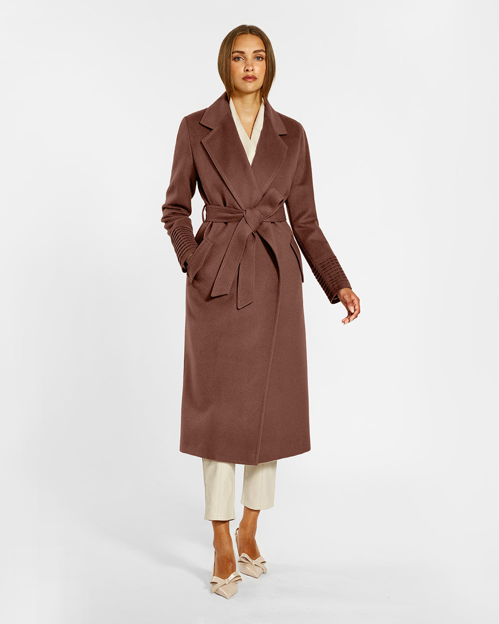 Sentaler Long Notched Collar Wrap Sepia Coat in Baby Alpaca wool. Seen from front belted on female model.