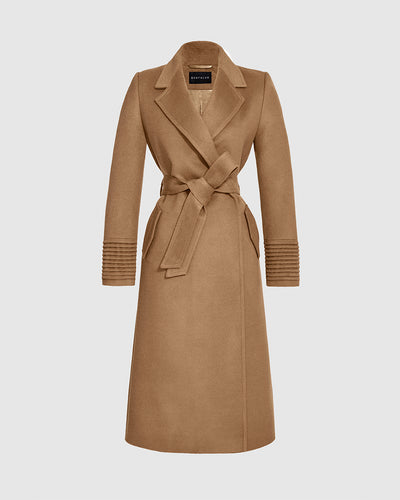 Sentaler Long Notched Collar Wrap Dark Camel Coat in Baby Alpaca wool. Seen as belted off figure.