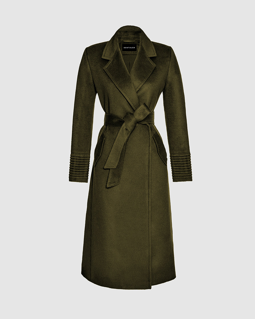 Sentaler Long Notched Collar Wrap Olive Green Coat in Baby Alpaca wool. Seen as belted off figure.