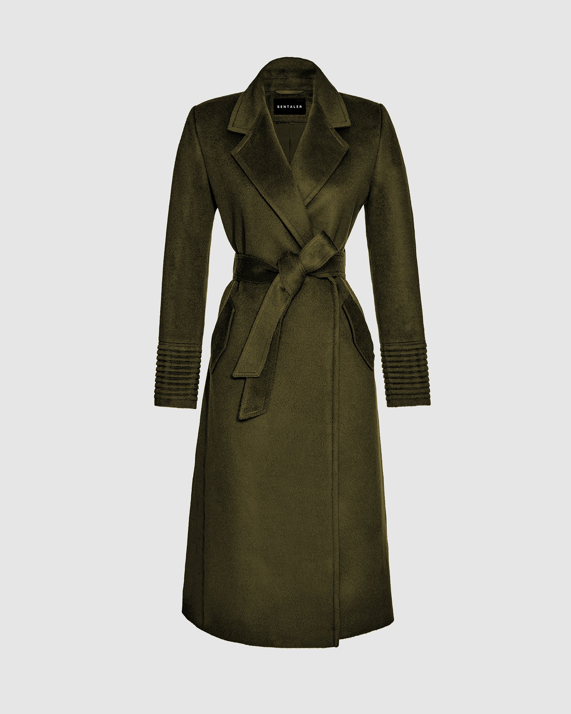 Sentaler long olive green wrap coat made of baby alpaca wool with a notched collar, belted.