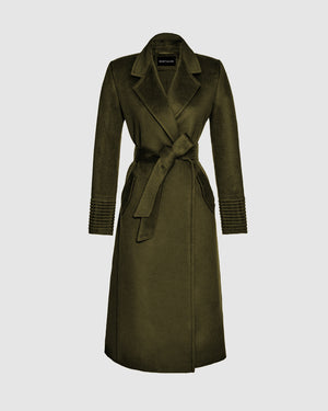 Sentaler long olive green wrap coat made of baby alpaca wool with a notched collar, belted.
