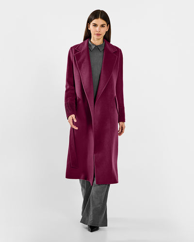 Sentaler Long Notched Collar Wrap Plum Berry Coat in Baby Alpaca wool. Seen from front open on female model.