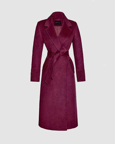 Sentaler Long Notched Collar Wrap Plum Berry Coat in Baby Alpaca wool. Seen as belted off figure.