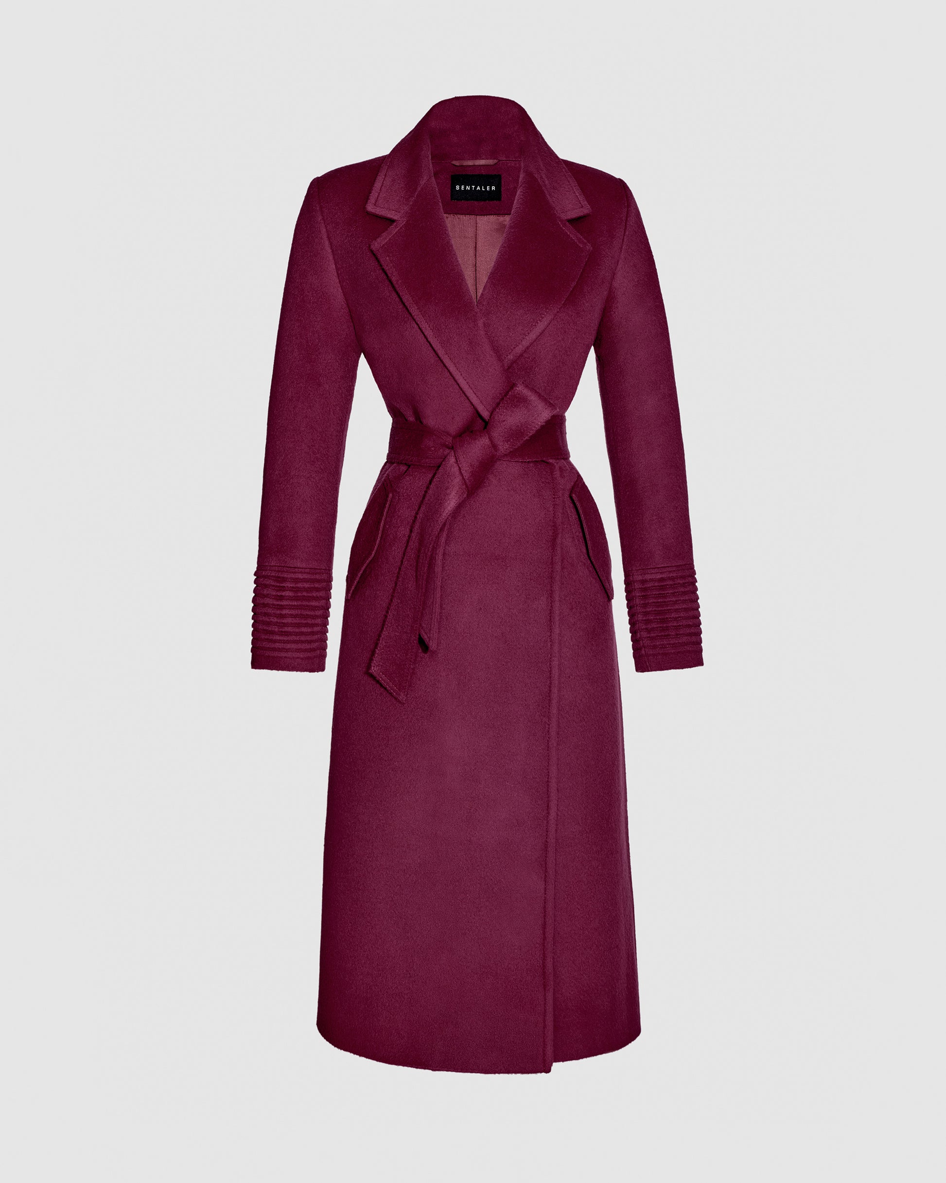 Sentaler long plum berry purple wrap coat made of baby alpaca wool with a notched collar, belted.