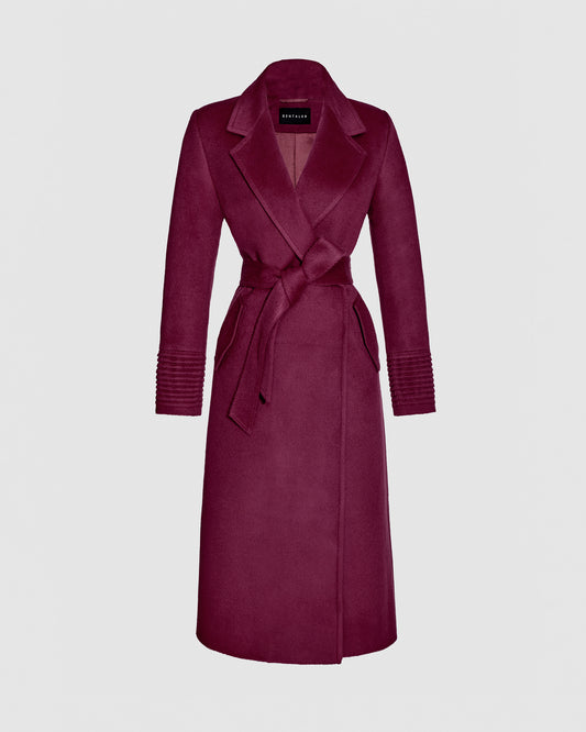 Sentaler long plum berry purple wrap coat made of baby alpaca wool with a notched collar, belted.