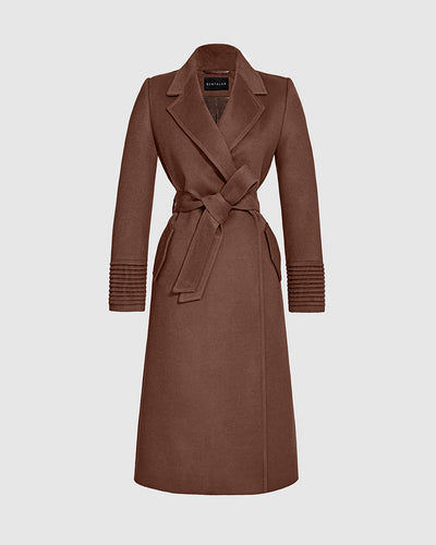 Sentaler Long Notched Collar Wrap Sepia Coat in Baby Alpaca wool. Seen as belted off figure.