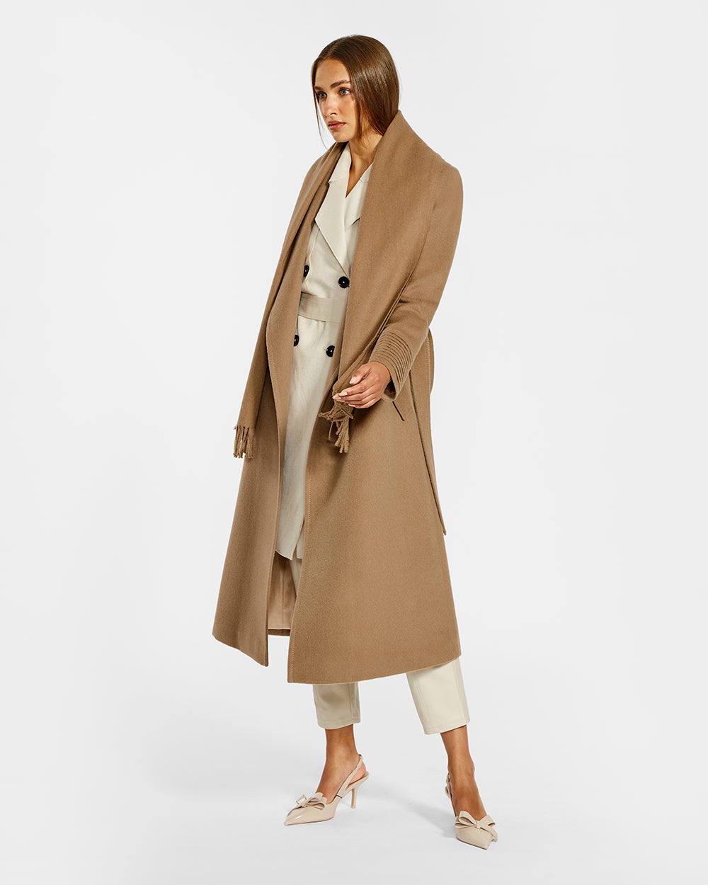 Long Notched Collar Wrap Dark Camel Coat | SENTALER