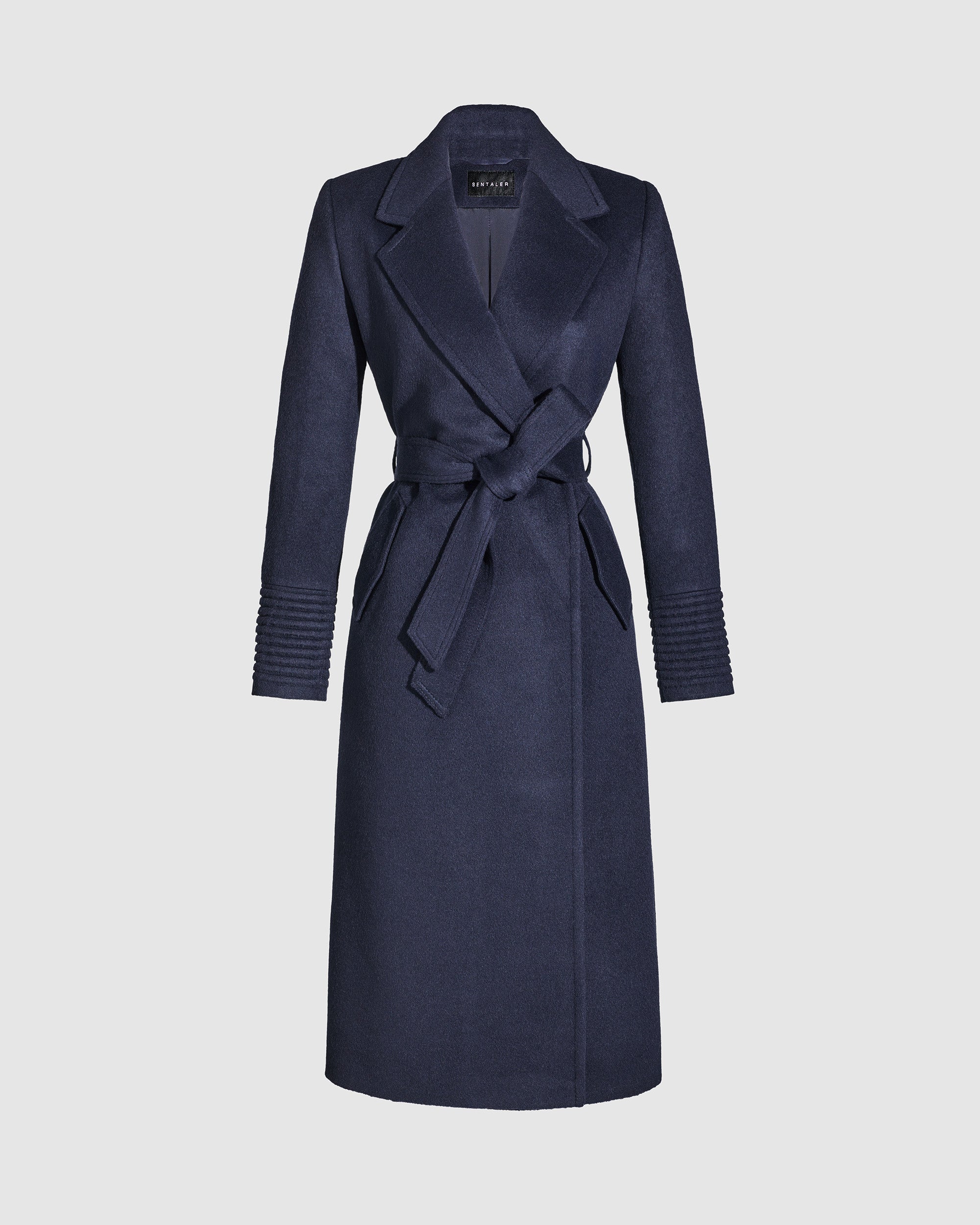 Long Notched Collar Wrap Deep Navy Coat | SENTALER
