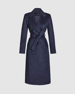 Sentaler long deep navy wrap coat with notched collar in baby alpaca wool, shown belted.