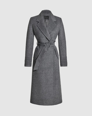 Sentaler long grey mélange wrap coat made of baby alpaca wool with a notched collar, belted.