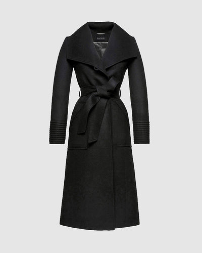 Sentaler Long Wide Collar Wrap Black Coat in Baby Alpaca wool. Seen as belted off figure.