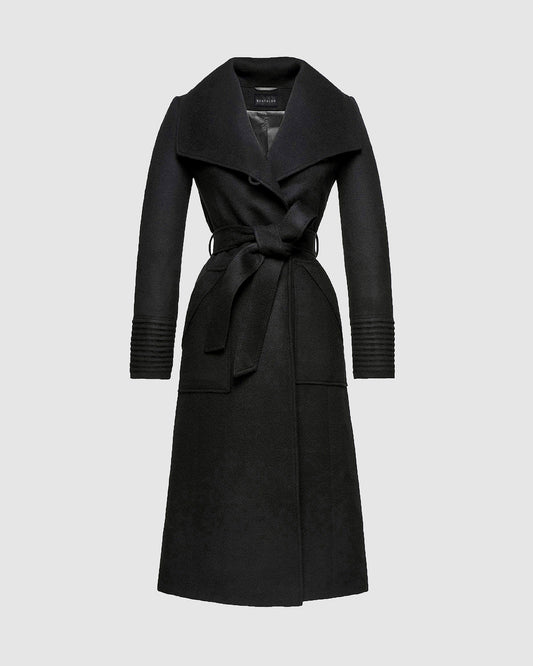 Sentaler black long wrap coat made of baby alpaca wool with a wide collar, belted.