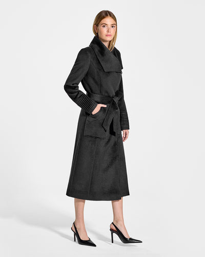 Sentaler Long Wide Collar Wrap Black Coat in Baby Alpaca wool. Seen from side belted on female model.