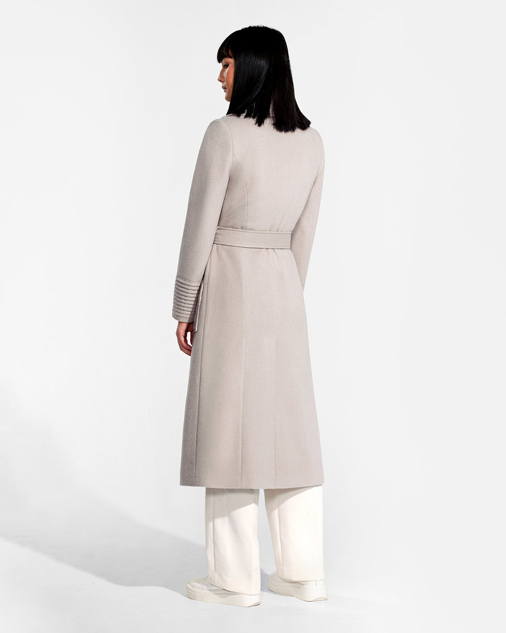 Sentaler Long Wide Collar Wrap Bleeker Beige Coat in Baby Alpaca wool. Seen from back belted on female model.