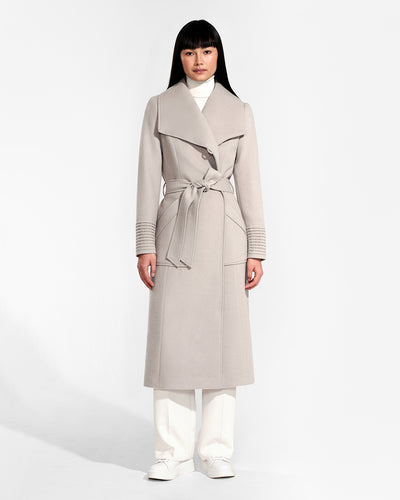 Sentaler Long Wide Collar Wrap Bleeker Beige Coat in Baby Alpaca wool. Seen from front belted on female model.