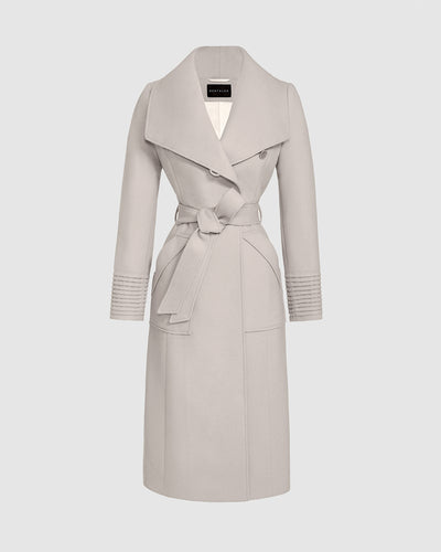 Sentaler Long Wide Collar Wrap Bleeker Beige Coat in Baby Alpaca wool. Seen as belted off figure.