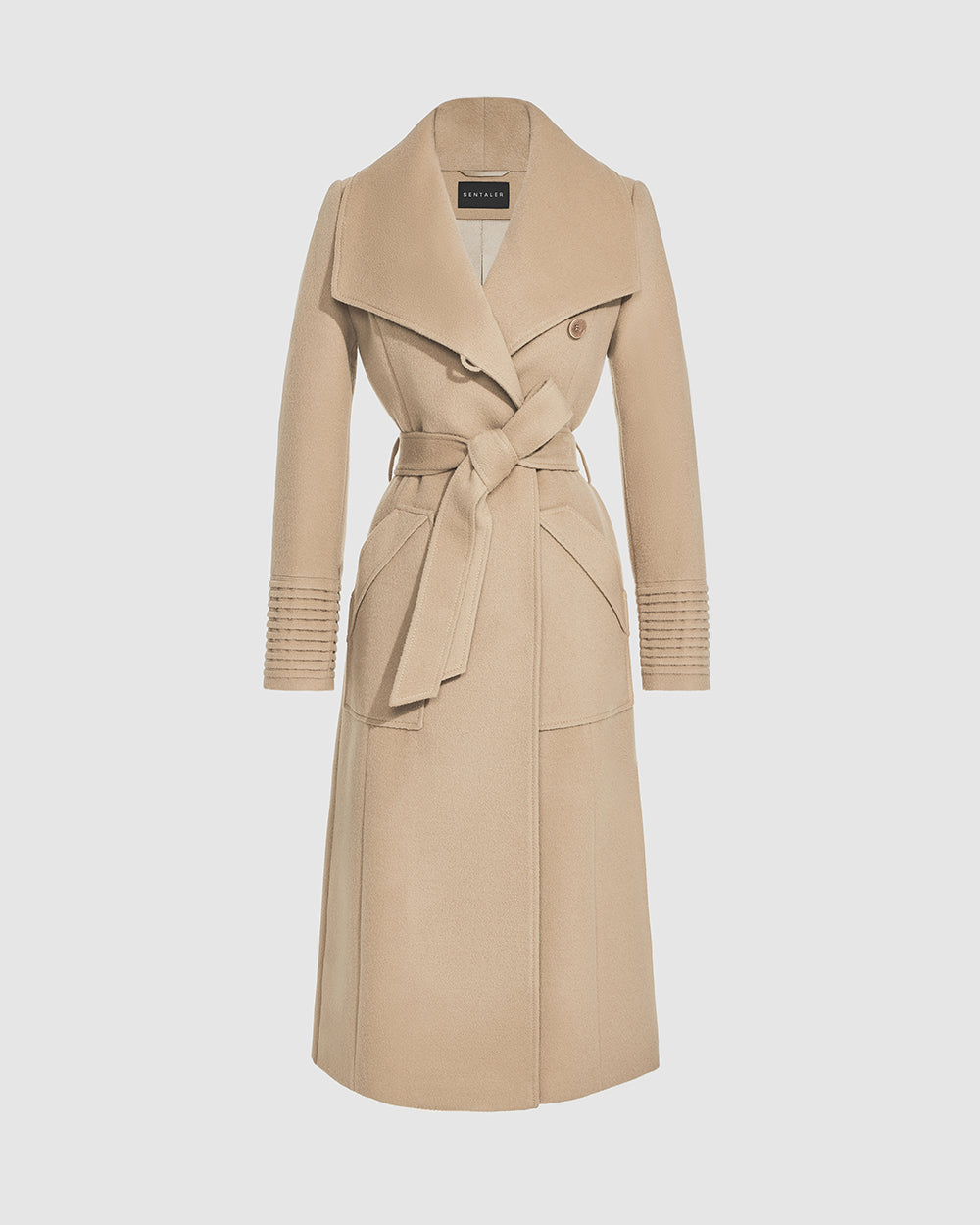 Sentaler Long Wide Collar Wrap Camel Coat in Baby Alpaca wool. Seen as belted off figure.