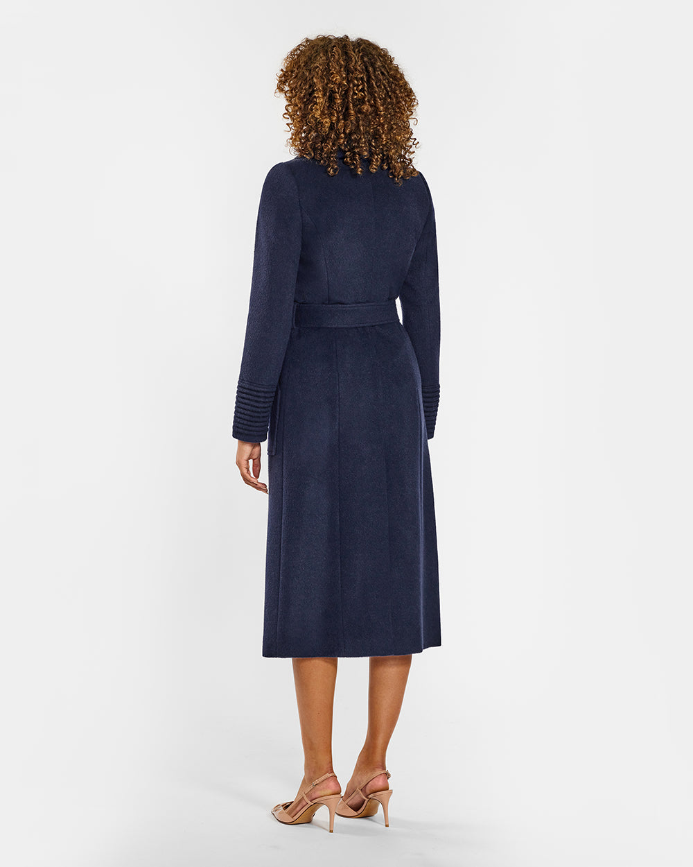 Sentaler Long Wide Collar Wrap Deep Navy Coat in Baby Alpaca wool. Seen from back belted on female model.