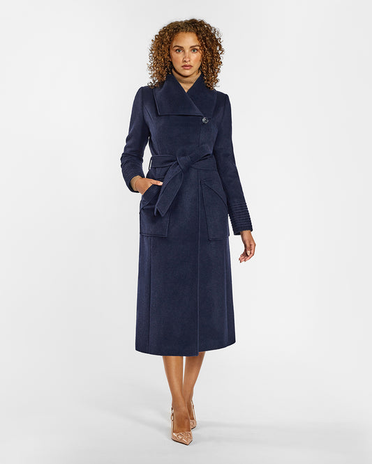 Sentaler Long Wide Collar Wrap Deep Navy Coat in Baby Alpaca wool. Seen from front belted on female model.