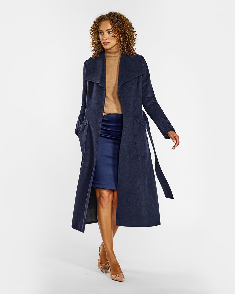 Sentaler Long Wide Collar Wrap Deep Navy Coat in Baby Alpaca wool. Seen from front open on female model.