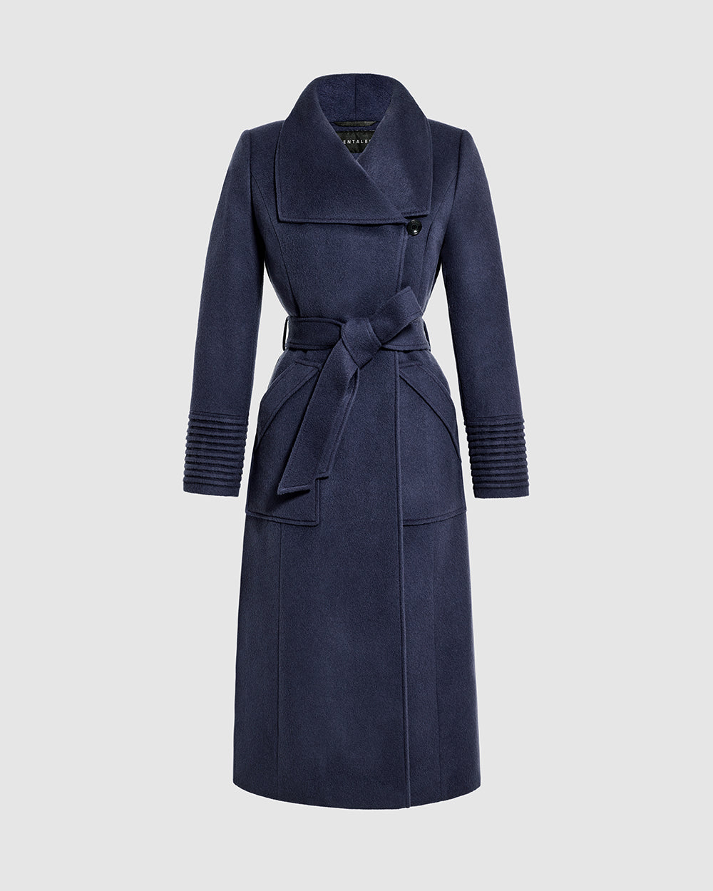 Sentaler Long Wide Collar Wrap Deep Navy Coat in Baby Alpaca wool. Seen as belted off figure.