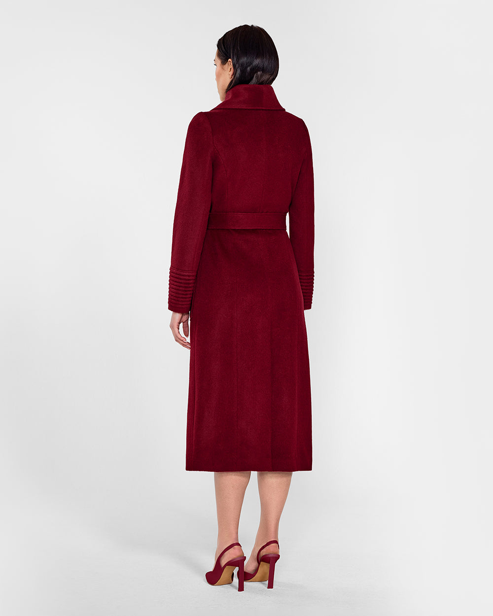 Sentaler Long Wide Collar Wrap Garnet Red Coat in Baby Alpaca wool. Seen from back belted on female model.