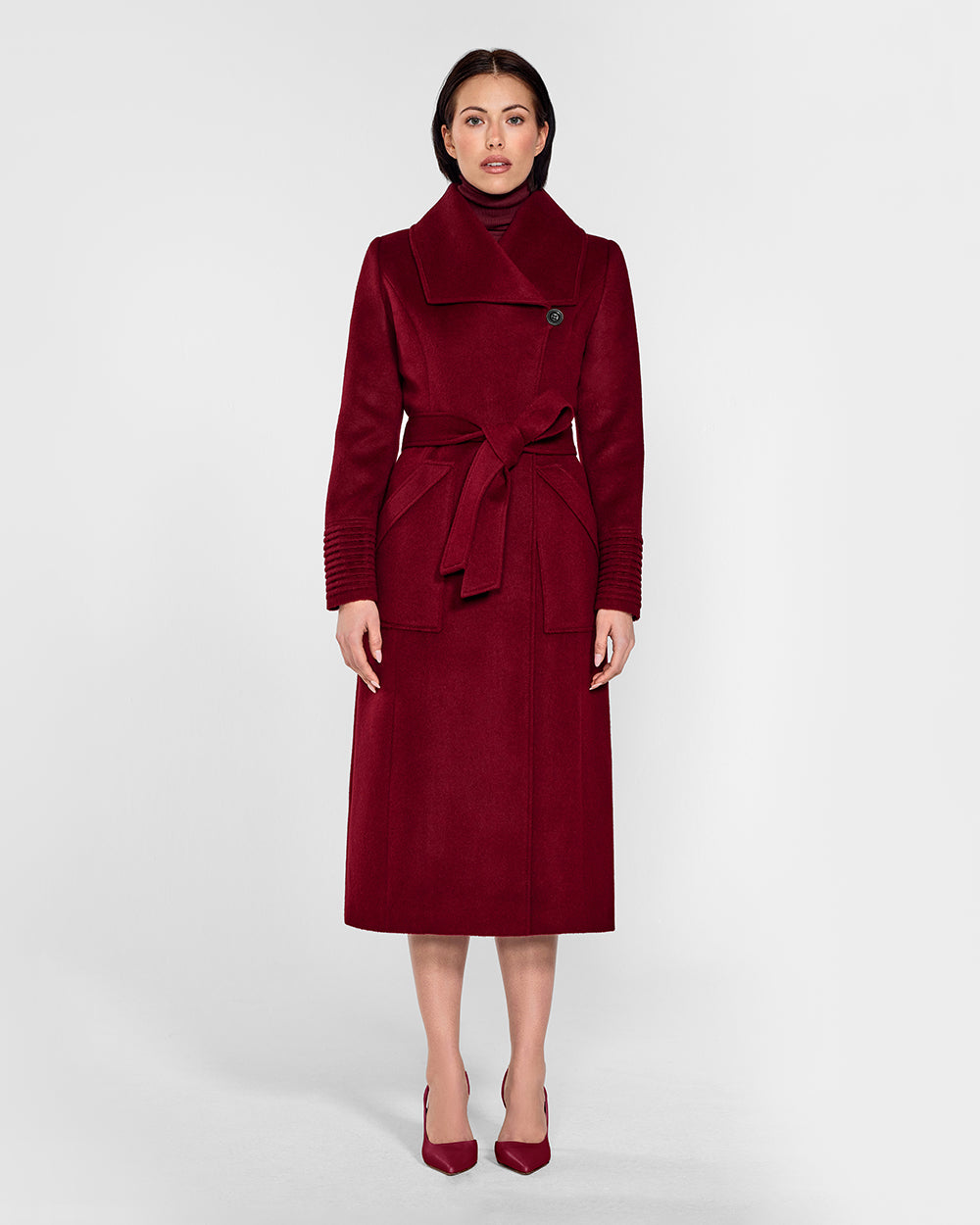 Sentaler Long Wide Collar Wrap Garnet Red Coat in Baby Alpaca wool. Seen from front belted on female model.