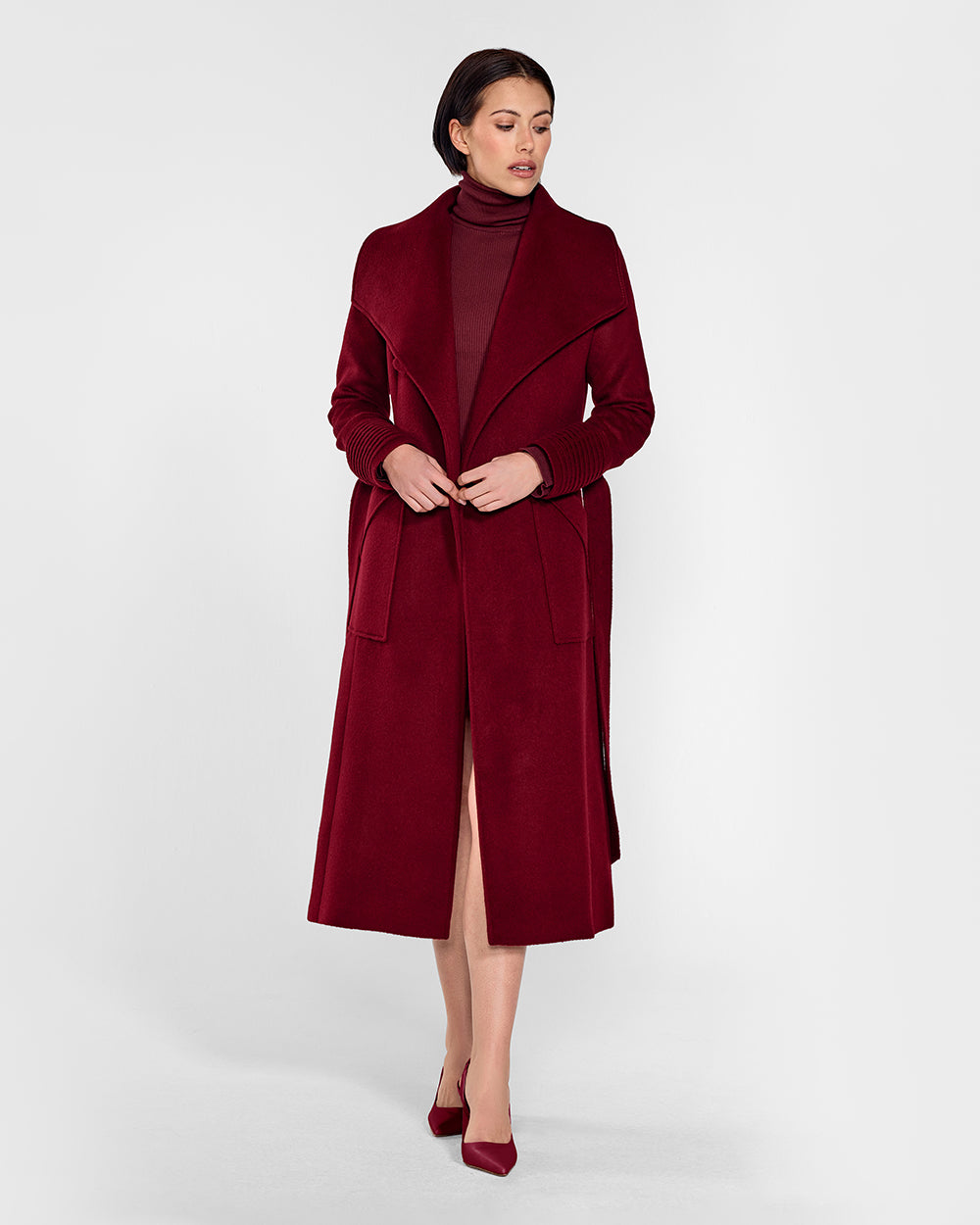 Sentaler Long Wide Collar Wrap Garnet Red Coat in Baby Alpaca wool. Seen from front open on female model.