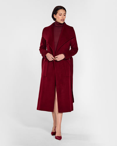 Sentaler Long Wide Collar Wrap Garnet Red Coat in Baby Alpaca wool. Seen from front open on female model.